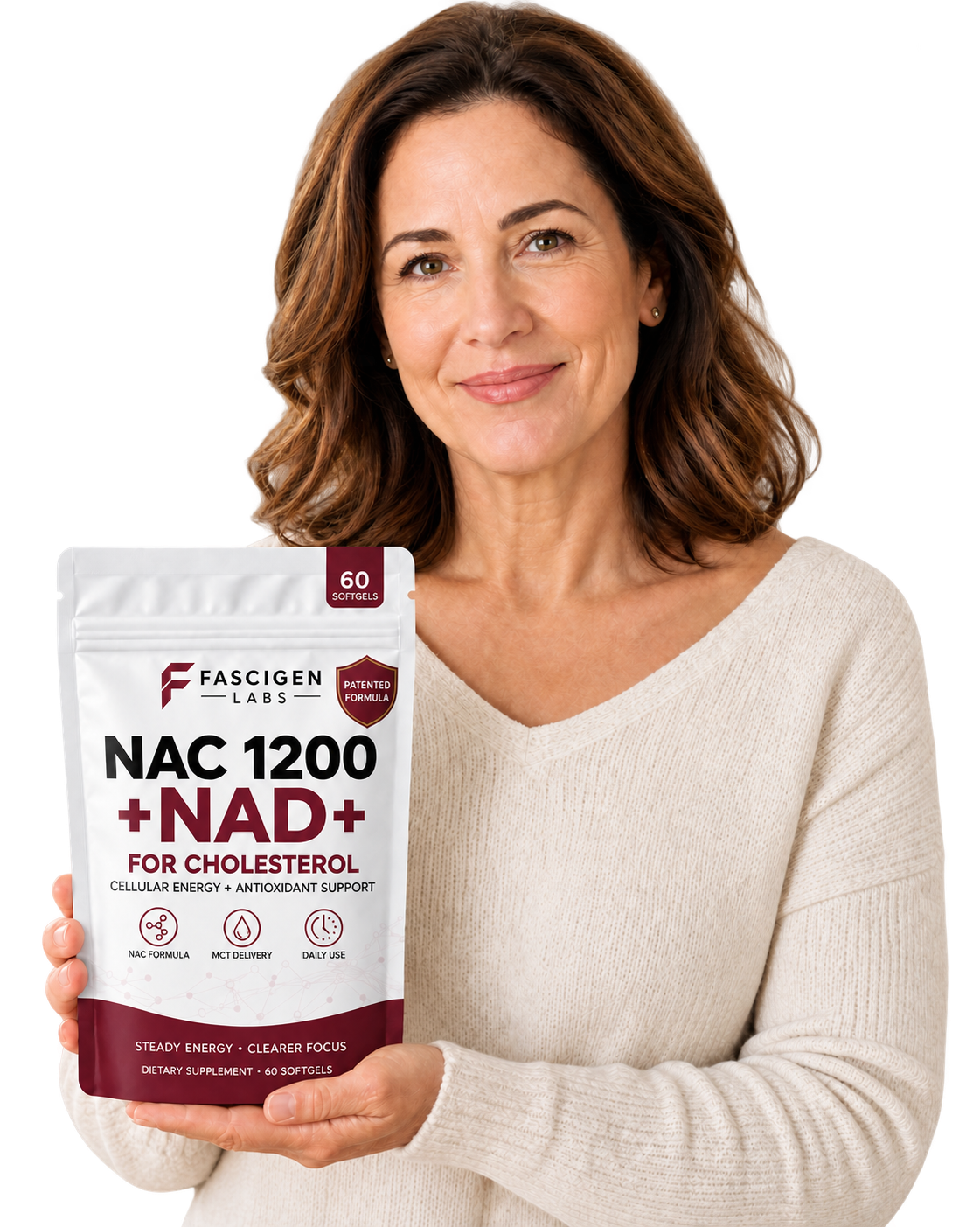 Smiling Fascigen customer holding a NAC 600 + NAD+ pouch