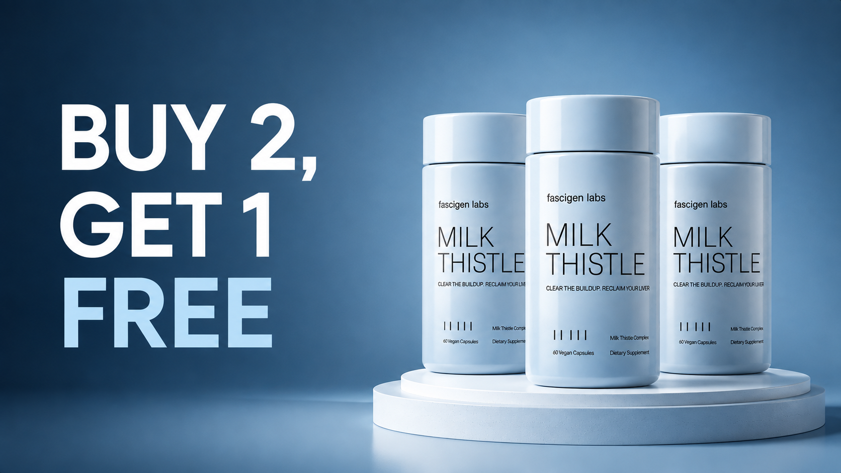 Three bottles of Fascigen Milk Thistle Complex with the Buy 2, Get 1 Free offer