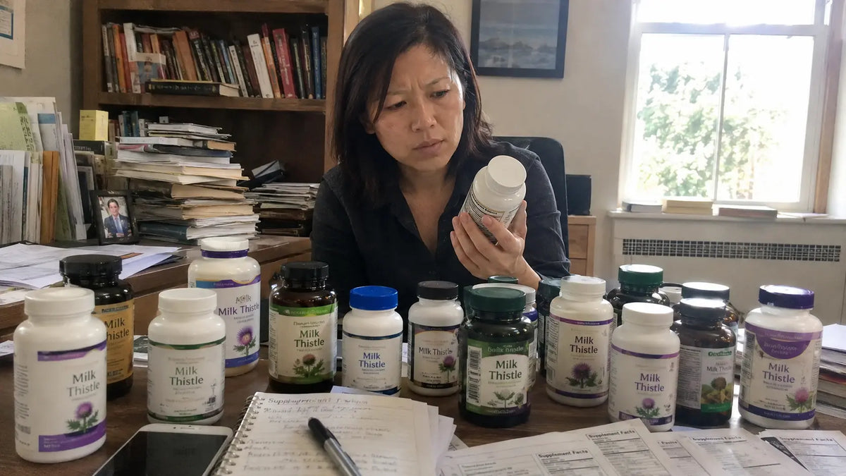 Sarah Chen reviewing milk-thistle supplement labels at her desk